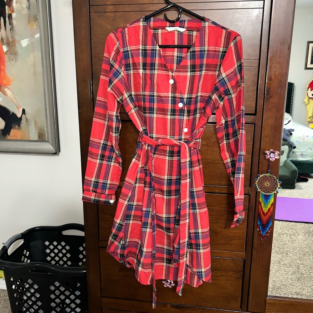 Women’s Red Plaid Long Sleeve Dress